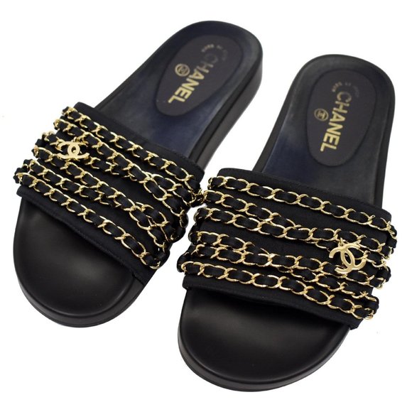 CHANEL Shoes - CHANEL Tropiconic Chain Fabric Mules Slides